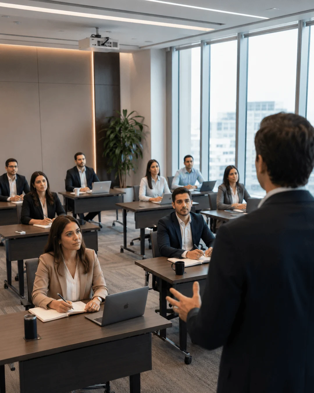 Aula con profesionales del sector financiero durante una clase presencial