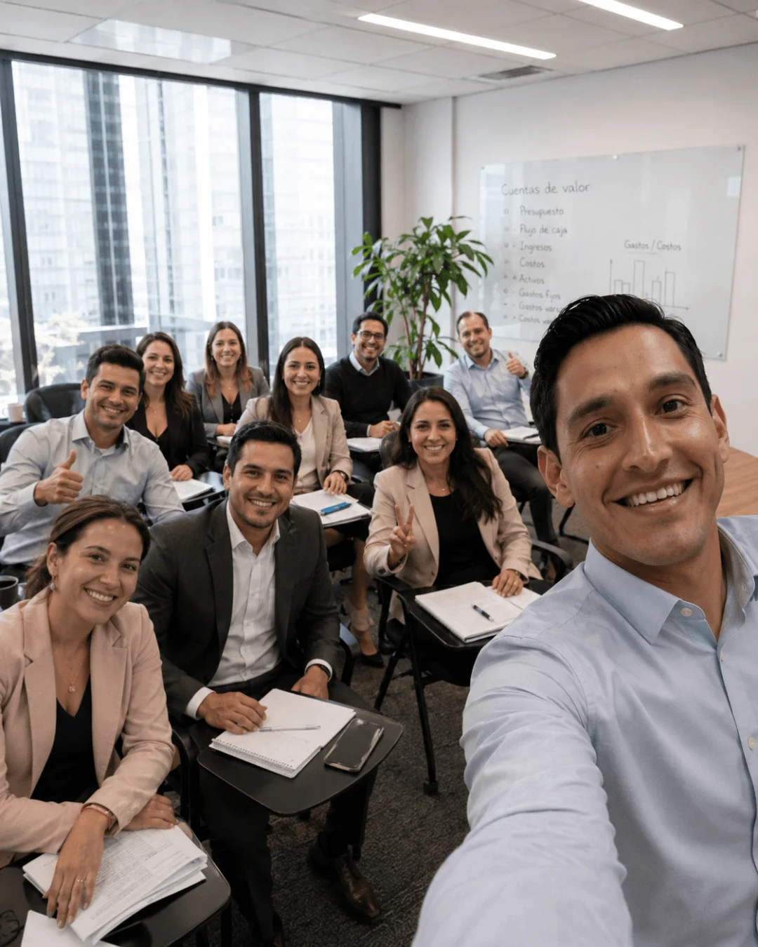 Grupo de estudiantes celebrando al finalizar su formación con Tovar & Asociados