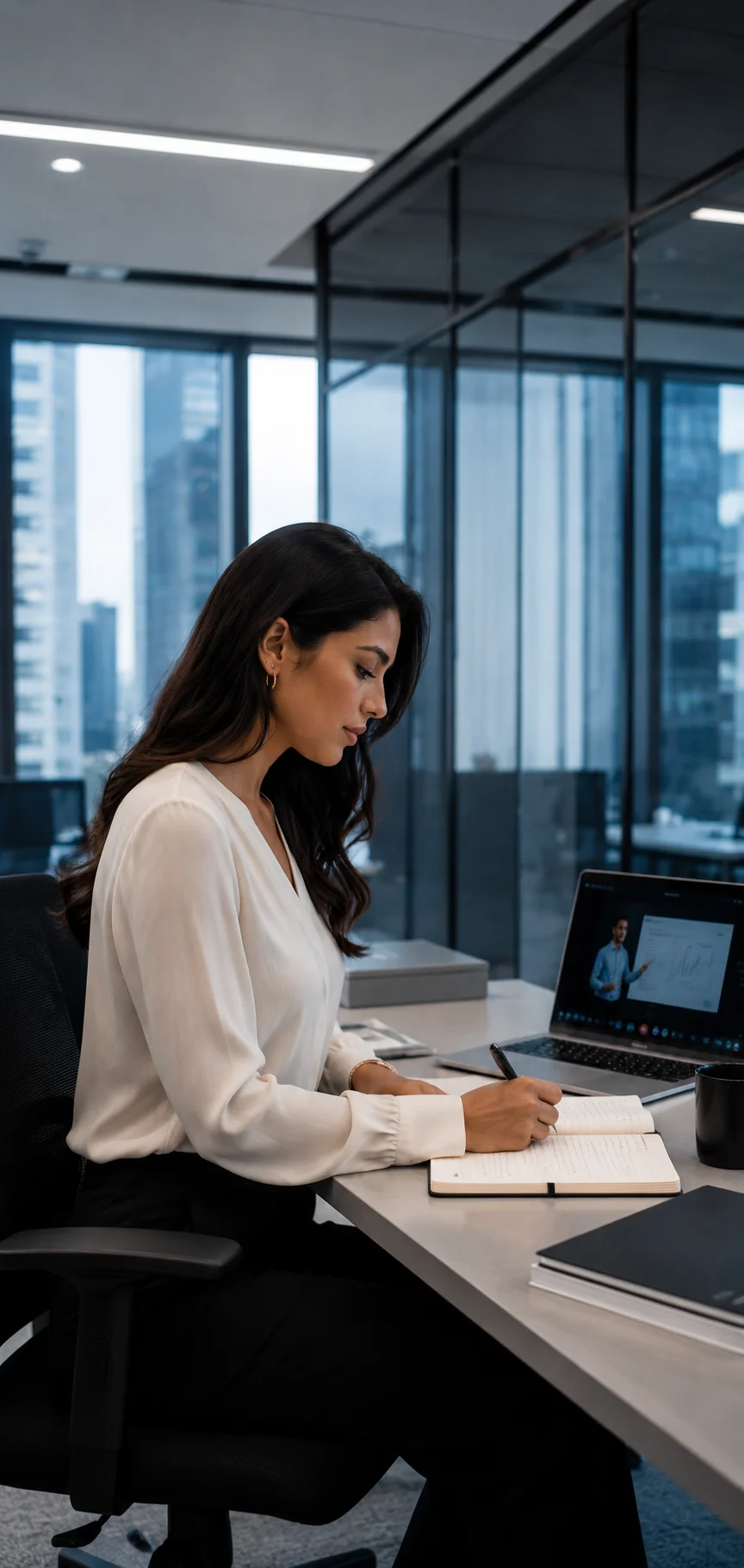 Profesional financiera estudiando en su oficina para la certificación AMV